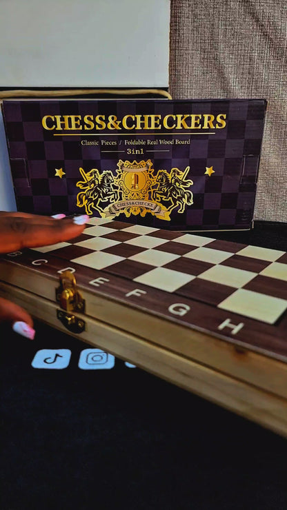 Foldable Wooden (3 in 1) Chess, Checkers and Backgammon