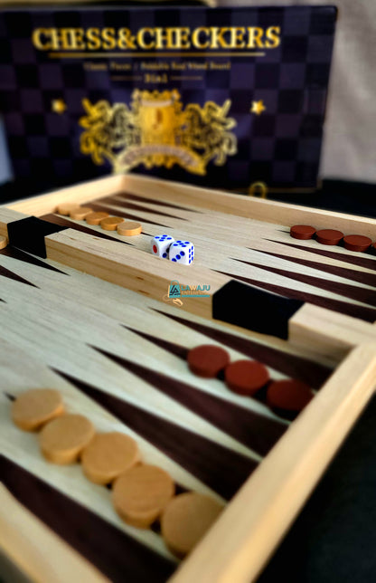 Foldable Wooden (3 in 1) Chess, Checkers and Backgammon